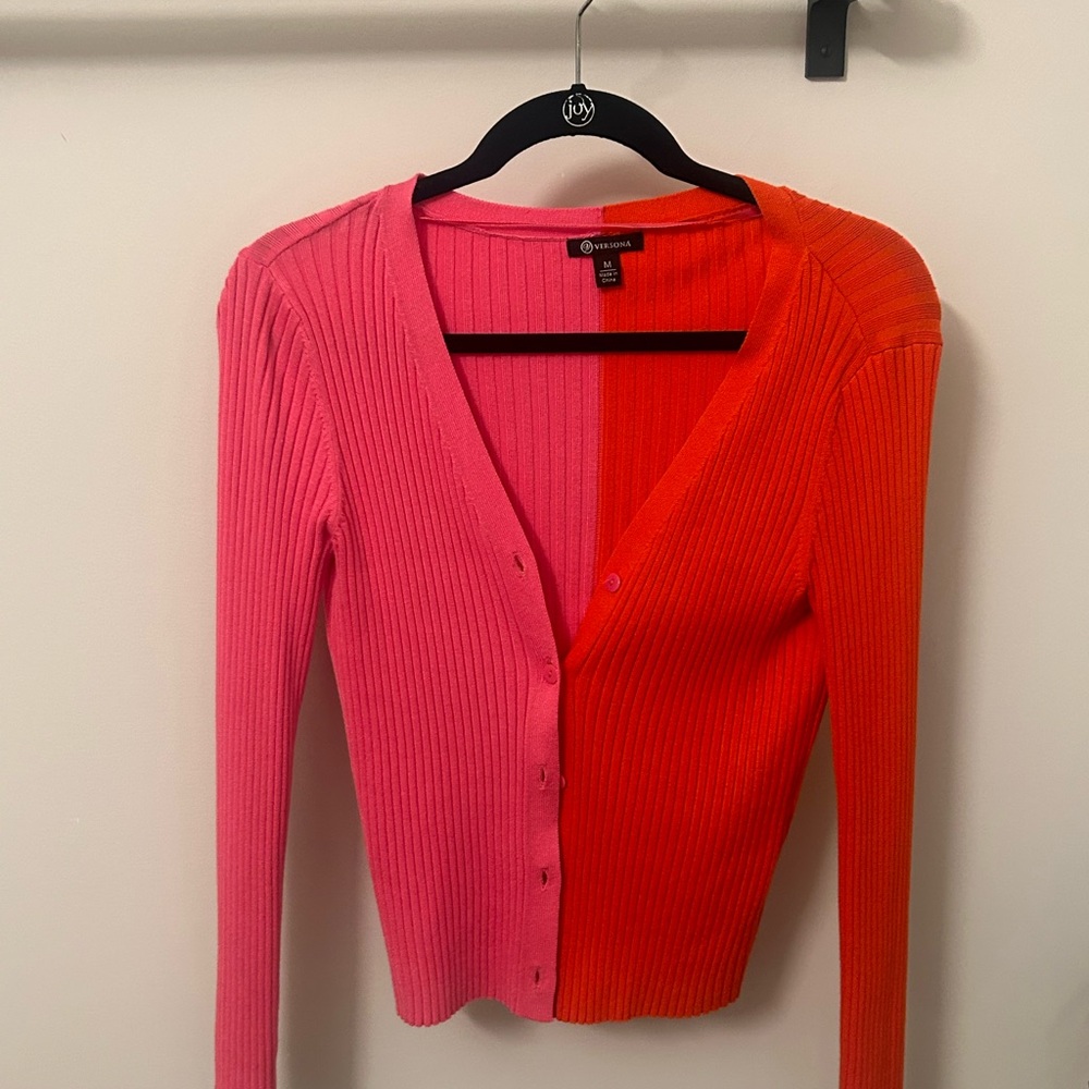 Versona Pink and Red Ribbed Cardigan Size M